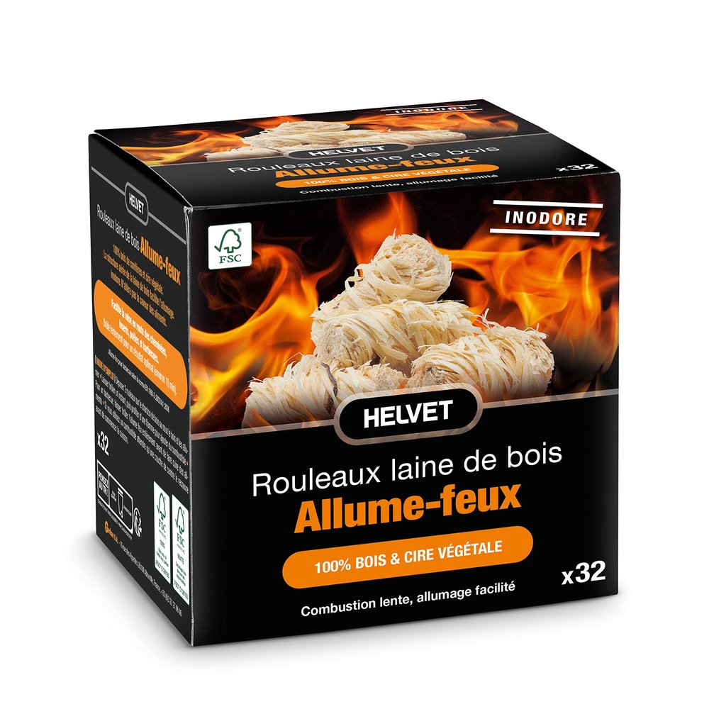 32 Allume Feu Laine de Bois pour Chemine et Poele a Bois Allumage Simplifi : Brule 10 Minutes Produit Naturel 100% Ecologique en Bois & Cire Vgtale FSC
