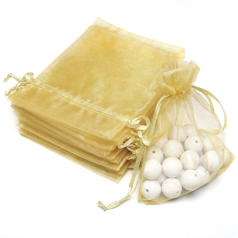 Akstore 50Pcs 3.15"x4"(8x10cm) Sheer Drawstring Organza Jewelry Pouches Wedding Party Christmas Favor Gift Bags (Golden, 3x4)