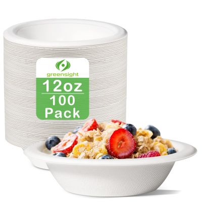 greensight 12oz Paper Bowls Heavy-Duty, 100 Pack Disposable Bowls for Hot Soup,Biodegradable Compostable Bowls Made of White Bagasse, Microwave Safe bowls for Salad, Ice Cream, Dessert