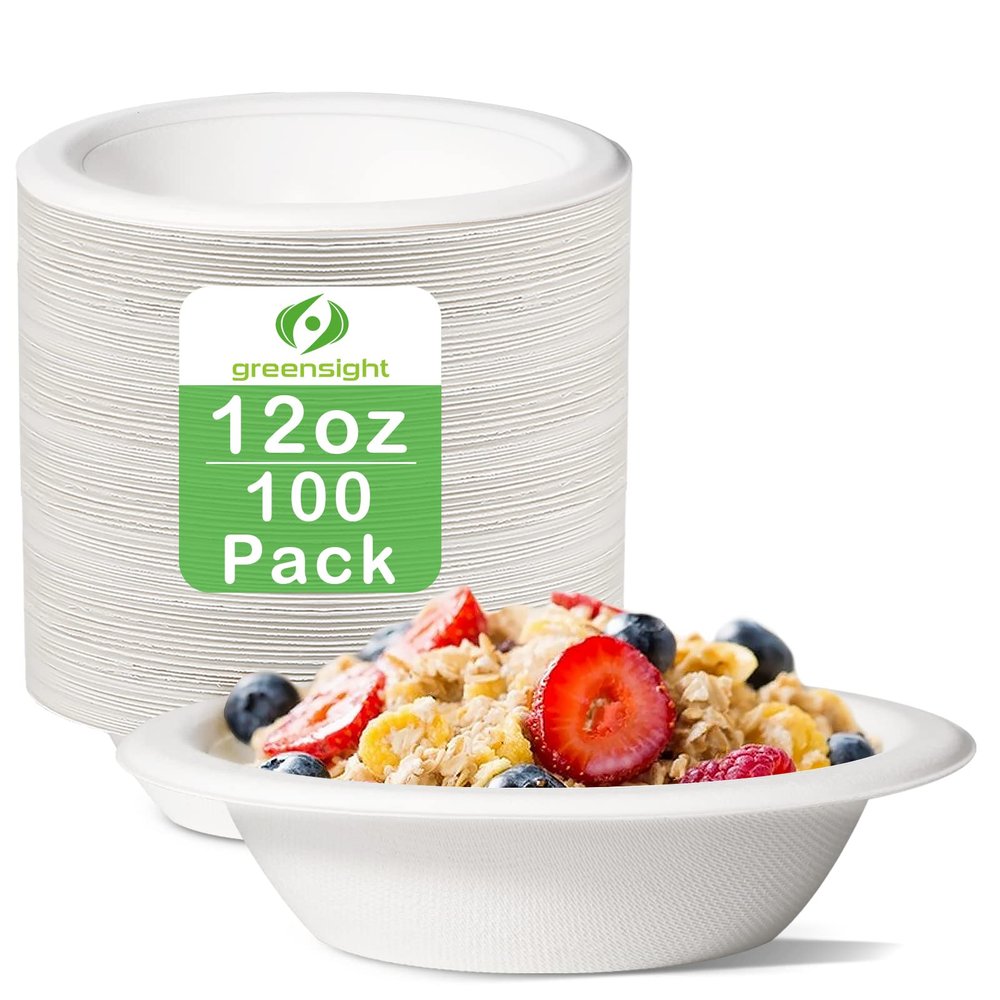 greensight 12oz Paper Bowls Heavy-Duty, 100 Pack Disposable Bowls for Hot Soup,Biodegradable Compostable Bowls Made of White Bagasse, Microwave Safe bowls for Salad, Ice Cream, Dessert