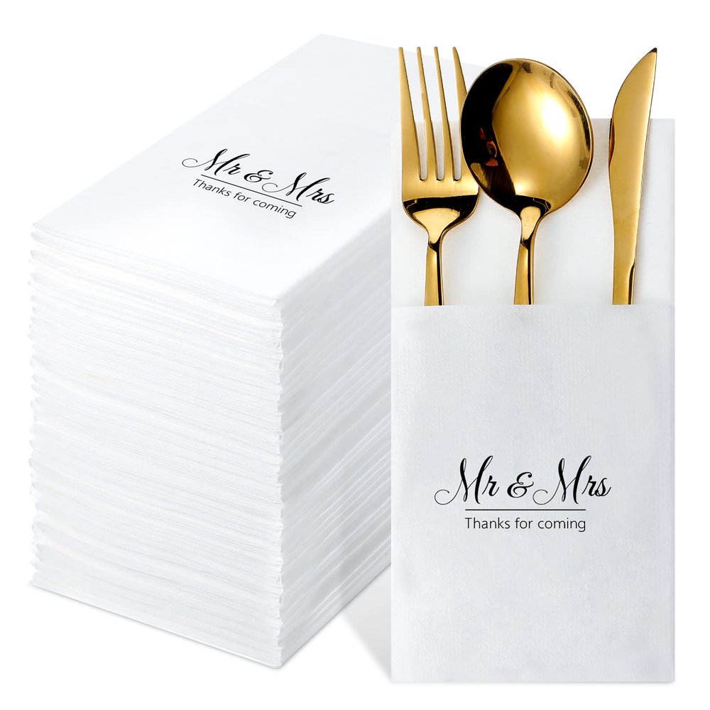100 Pcs Wedding Disposable Cloth Like Napkins for Reception Mr and Mrs Built-in Flatware Pocket Napkins for Silverware Wedding & Bridal Shower Engagement Party Events Decorations