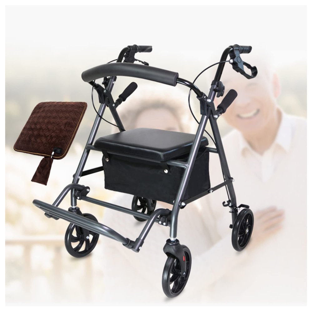 2 in 1 Rollator Walker with Footrest - Transport Walker Chair with 8 inch Wheels -Folding Rolling Walker with USB Heated Cushions, Supports 330 Lbs, for Elderly Limited Mobilit