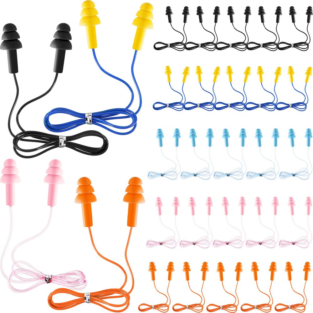 50 Pairs Corded Ear Plugs Silicone Waterproof Ear Plugs with Cords for Sleeping Snoring Swimming Shooting, Reusable Noise Cancelling and Hearing Protection