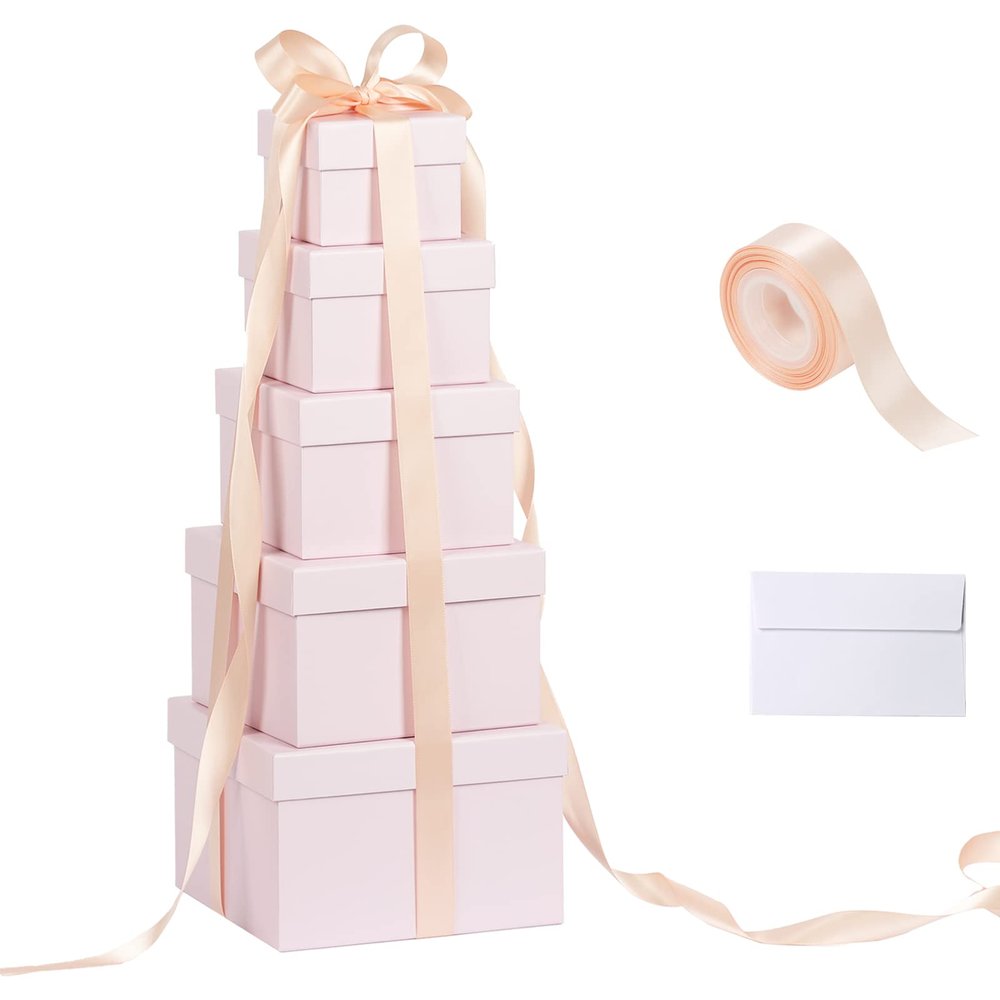 5 Pack Large Square Nesting Gift Boxes with Lids for Presents, 4"-8" Pink Stacking Gift Box with Ribbon Card for Wedding Birthday Party Valentine Christmas