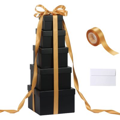 CHARMGIFTBOX 5 Pack Large Square Nesting Gift Boxes with Lids for Presents, 4-8 Black Stacking Gift Box with Ribbon Card for Wedding Birthday Party Valentine Christmas