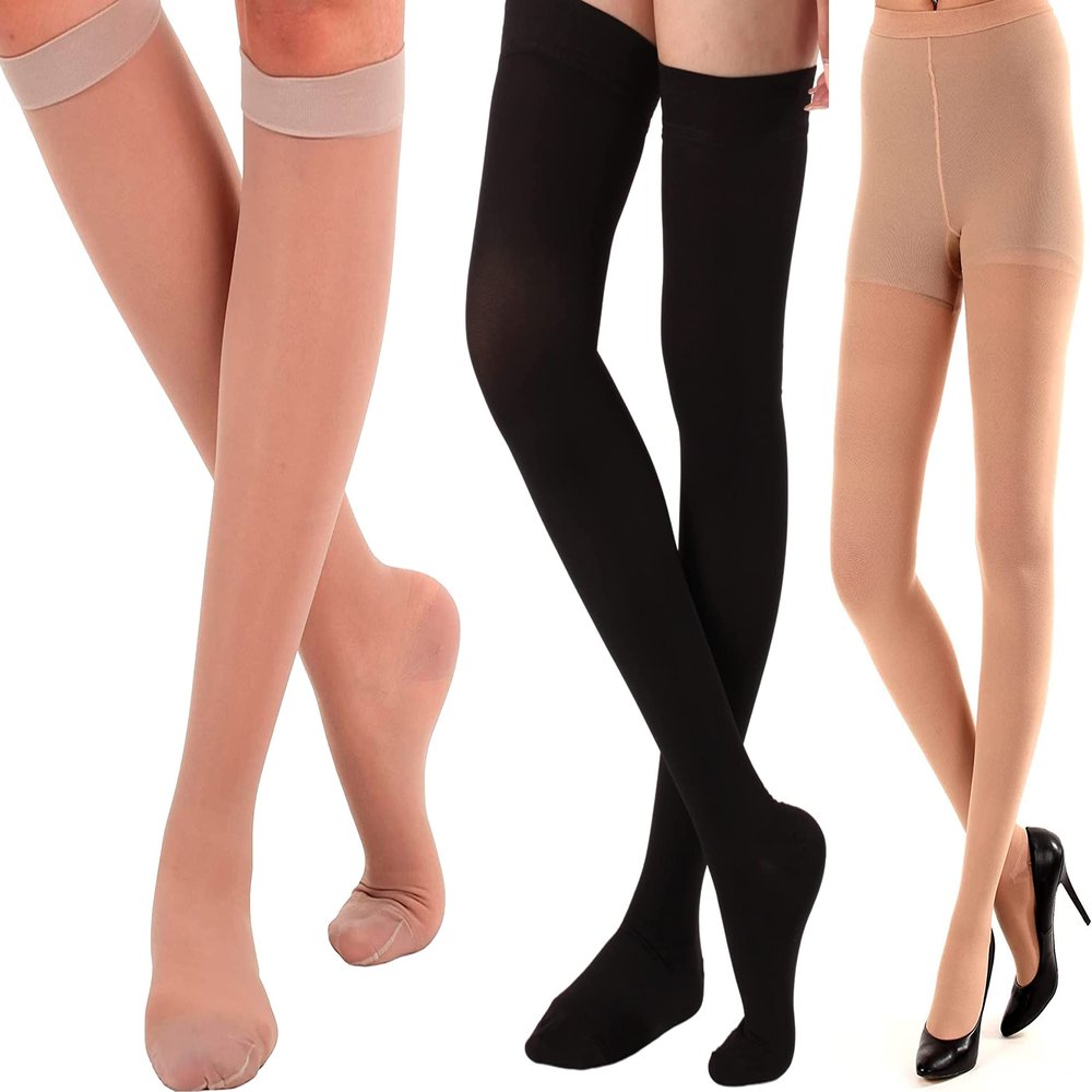 (6 Pairs) Compression Thigh Hi Socks 20-30mmHg for Women and Men with Closed Toe - Over the Knee Compression Socks for Circulation - Black & Nude & Beige, Large