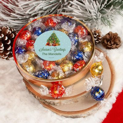 Personalized Christmas Candy Gift Tin Large Plastic Tin with Truffles (24 candies/tin) - Season's Greetings