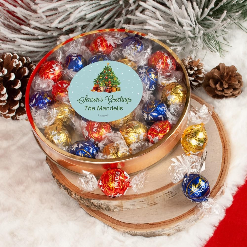 Personalized Christmas Candy Gift Tin Large Plastic Tin with Truffles (24 candies/tin) - Season's Greetings