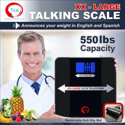 Tone 550 Extra Large 16" x 16" Platform Talking Bathroom Scale, 550 lb Capacity, English & Spanish Voice, Easy-Read LCD Display, Anti-Slip Mat, Tempered Safety Glass Platform