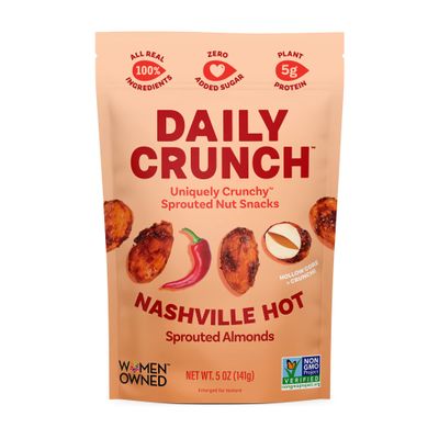 Daily Crunch Sprouted Almonds, Nashville Hot, 5 Ounce Resealable Bag  Sprouted and Dehydrated for a Unique Crunch, Keto Friendly, Non-GMO, Salt Free, Vegan, Healthy Snack