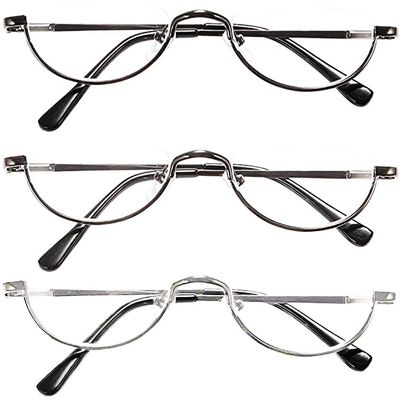 REAVEE 3 Pack Retro Designer Alloy Half Moon Reading Glasses for Women Men Half Frame Spring Hinge Stylish Slim Reader with Pouch, Black Grey and Silver, 3.25