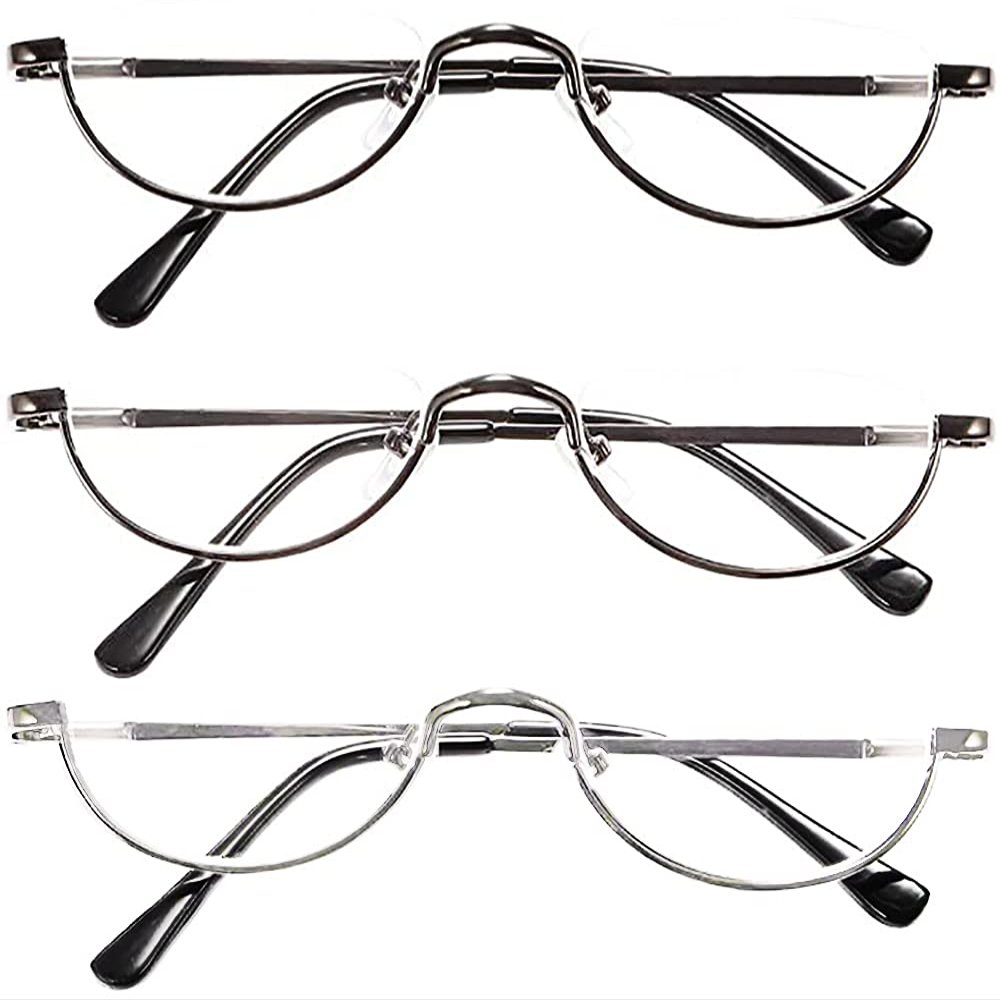REAVEE 3 Pack Retro Designer Alloy Half Moon Reading Glasses for Women Men Half Frame Spring Hinge Stylish Slim Reader with Pouch, Black Grey and Silver, 3.75