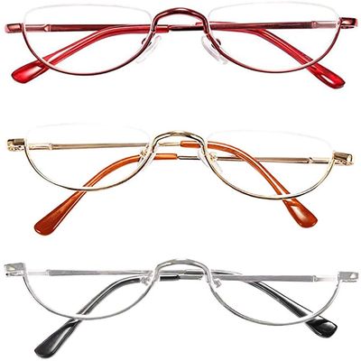 REAVEE 3 Pack Half Frame Retro Designer Alloy Reading Glasses for Women Men Spring Hinge Half Moon Readers Stylish Slim Eyeglasses with Pouch, Red Gold Silver 4.0