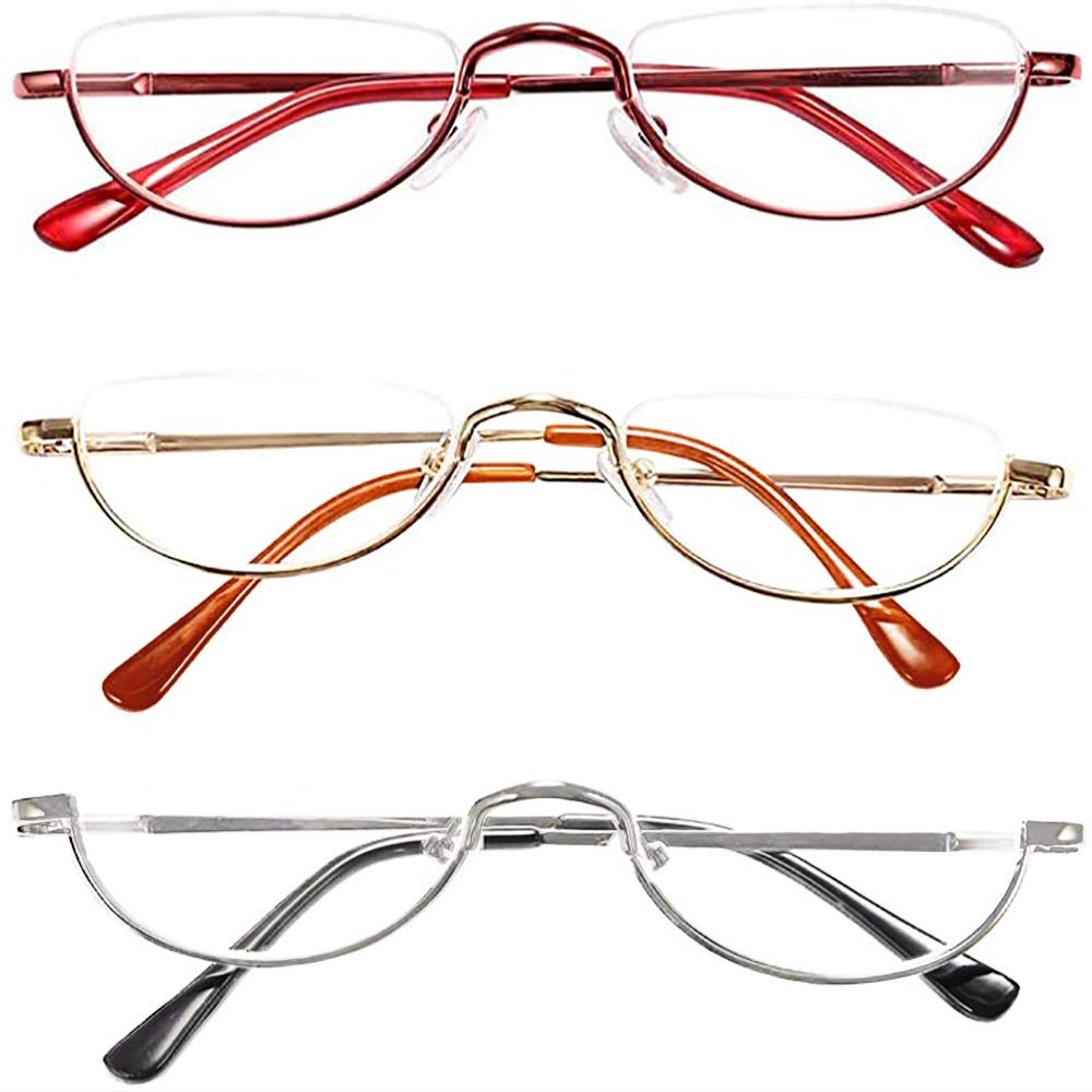 REAVEE 3 Pack Half Frame Retro Designer Alloy Reading Glasses for Women Men Spring Hinge Half Moon Readers Stylish Slim Eyeglasses with Pouch, Red Gold Silver 3.75