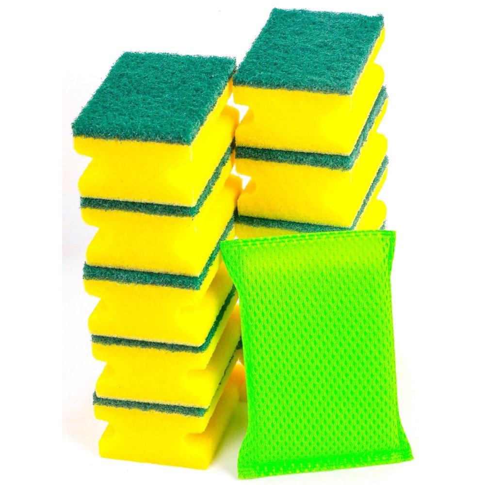 VHD Easy Grab Nail Saver Scrub Sponges, for Washing Dishes and Cleaning Kitchen, for All Surfaces, 10 Pieces Scrub Sponges with 1 Piece Green Honeycomb Sponge Scrubbers as a Gift
