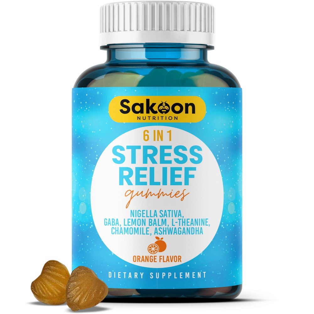 6-in-1 Stress Relief Gummies 60ct - Aids Relaxation with Ashwagandha, GABA, L-theanine, Lemon Balm, Chamomile, Black Cumin Seed Nigella Sativa. Improved Deep Sleep, Joint Support - 60 gummies