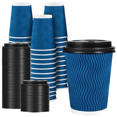 Lamosi 12 OZ Disposable Coffee Cups with Lids 50 Pack, Hot Paper Insulated Corrugated Ripple Wall Cup for To Go Drinks and Beverages
