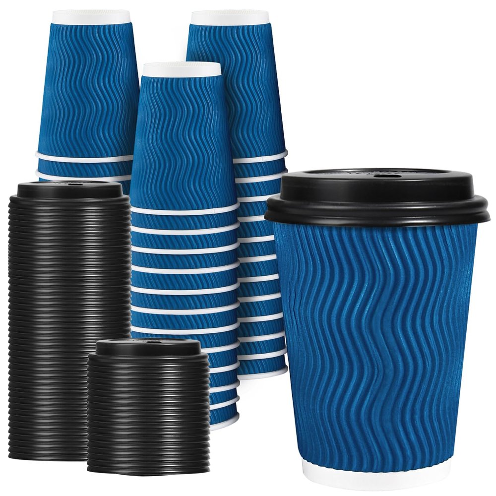 Lamosi 12 OZ Disposable Coffee Cups with Lids 50 Pack, Hot Paper Insulated Corrugated Ripple Wall Cup for To Go Drinks and Beverages
