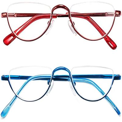 REAVEE 2 Pack Retro Designer Half Frame Reading Glasses for Women Men Spring Hinge Half Moon Readers Stylish Slim with Pouch, Red and Blue 2.75