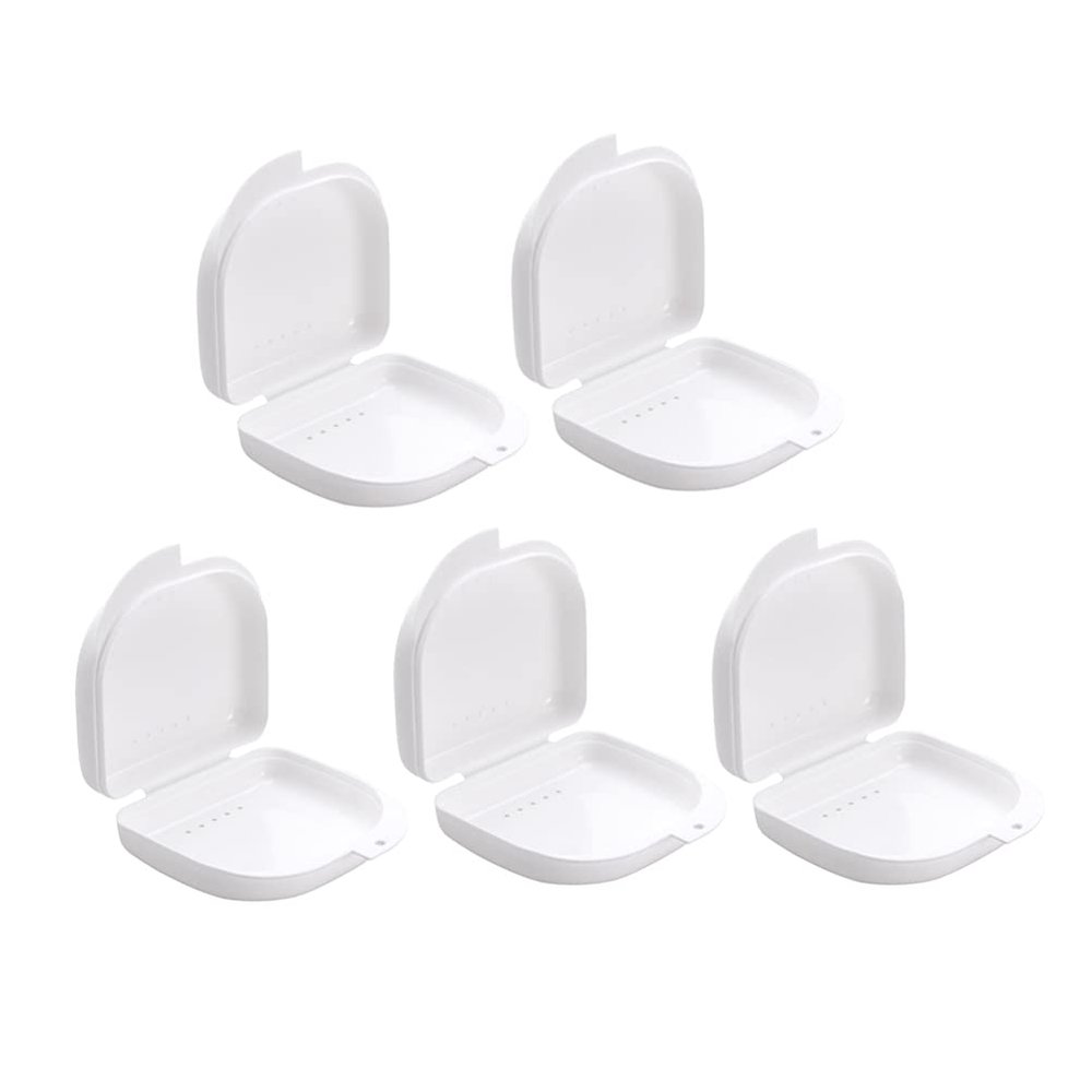 Case With Vent Holes 5 Packs - Case Easy to Carry & Use - Tight Snap Lock Case Orthodontic for Braces, Dentures & Aligners (White)