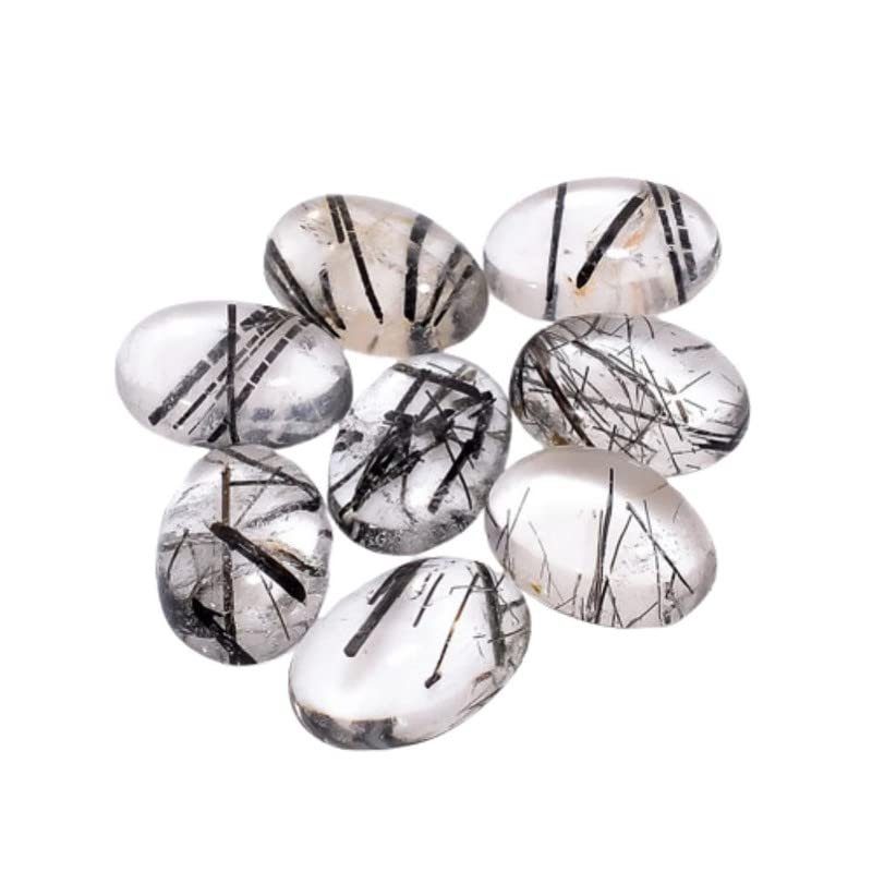 DAMRU Black Rutile Oval Shape 5 Pcs (10 x 14 mm) Natural Blue Fire A+ Quality Loose Cabochon for Jewelry Making, Wire Wrapping, DIY, Healing Rings Crystals, Pendants, Wedding Gift
