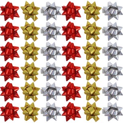 100PCS Christmas Wrapping Bow Metallic Ribbon Star Bow Self Adhesive Wrap Bows Reflective Pull Bows for Present Holiday Birthday Party Decoration (Mixed Color)