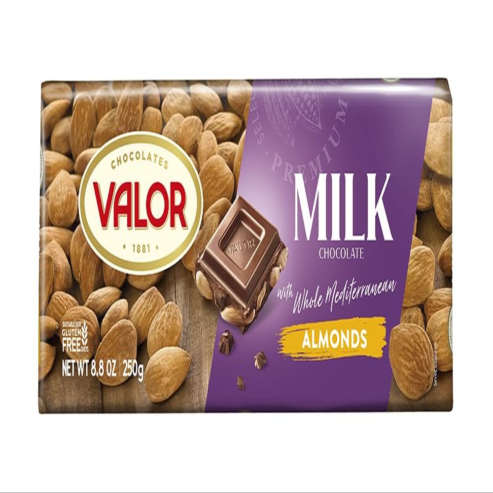 Valor. Milk Chocolate with Mediterranean Almonds. 250g (8.75oz). Pack of 3.