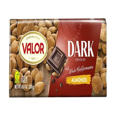 Valor. Dark Chocolate with whole Mediterranean Almonds. 250g (8.75oz). Pack of 3.