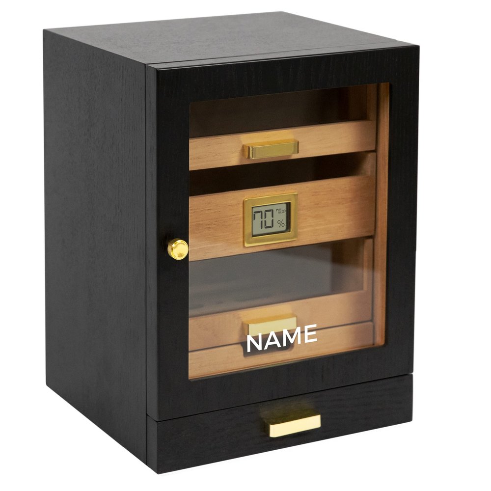 CASE ELEGANCE Monogrammed Luca Cabinet Humidor with Thick Cedar, Easy humidification System, Accurate Digital Hygrometer - Black
