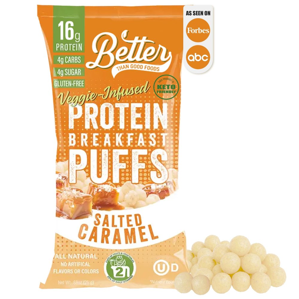 Better Than Good Sweet Keto Salted Caramel Protein Puffs Gluten-Free - 16g Protein, Low carb, Low Sugar, Low Calorie, Diabetic Friendly Snacks | Paleo & 2 Servings of Fruits & Veggies (0.88 Ounce 12-Pack)