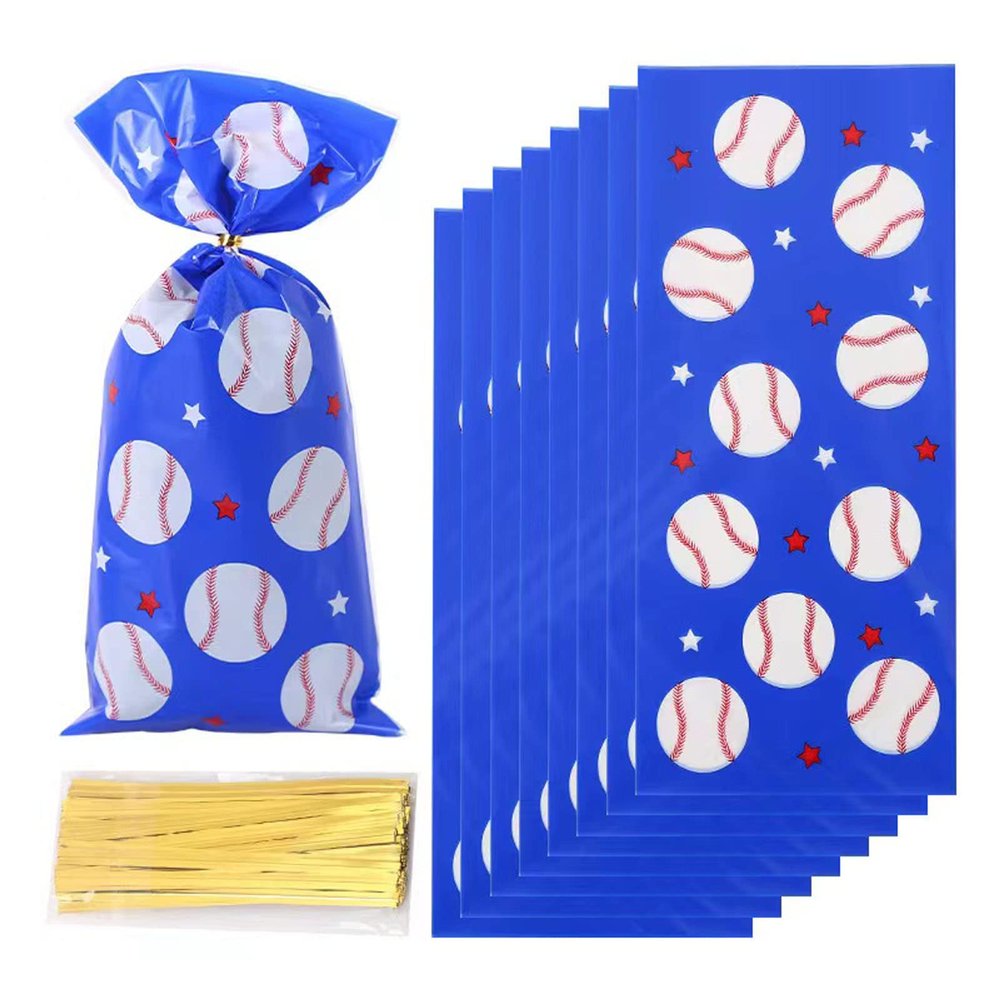 RS 50Pcs Baseball Treat Bags Baseball Candy Bags Heat Sealable Baseball Cellophane Bags with 50Pcs Twist Ties for Birthday Kids Party Football