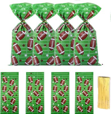RS 50Pcs Football Treat Bags - Heat Sealable Cellophane Bags with 50Pcs Twist Ties for Kids Birthday Party