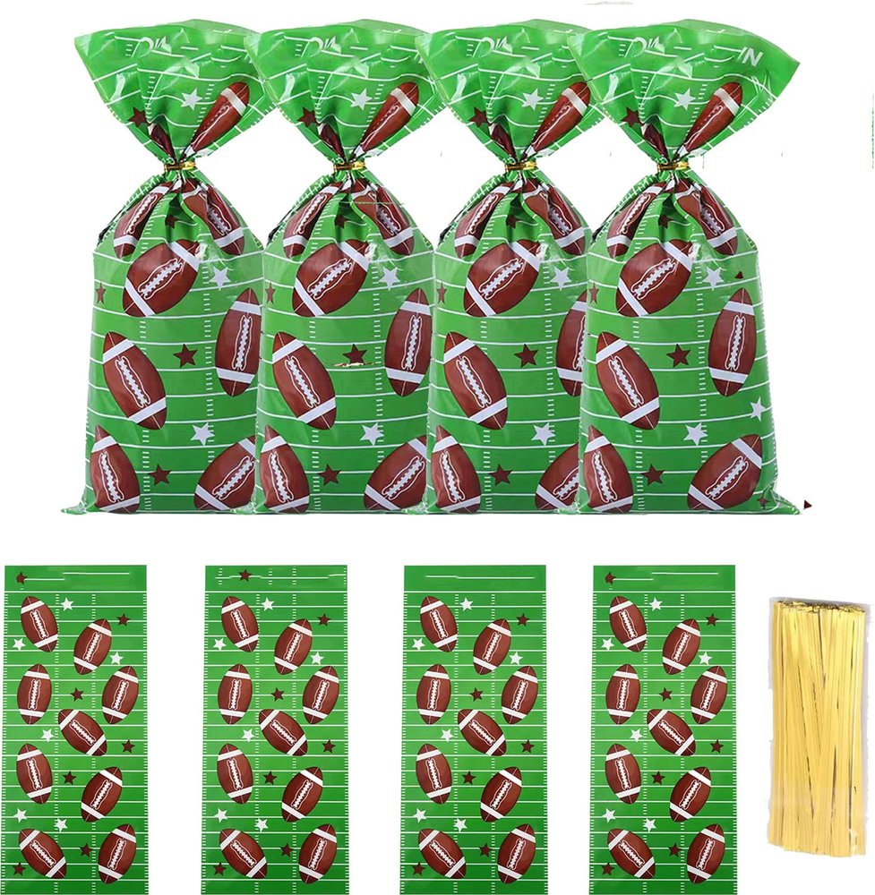 RS 50Pcs Football Treat Bags - Heat Sealable Cellophane Bags with 50Pcs Twist Ties for Kids Birthday Party