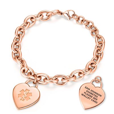 Divoti Custom Engraved Medical Alert ID Bracelet for Women | Heart Charm Medical ID Tag | Adjustable Curb Chain with Lobster Claw | Stainless Steel, Durable & Waterproof | Fits Wrists 8.5"- Rose Gold