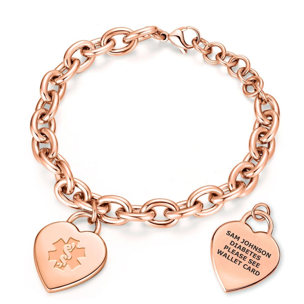 Divoti Custom Engraved Medical Alert ID Bracelet for Women | Heart Charm Medical ID Tag | Adjustable Curb Chain with Lobster Claw | Stainless Steel, Durable & Waterproof | Fits Wrists 8.5"- Rose Gold