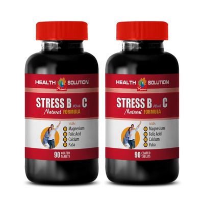 mood up stress down pills - STRESS B WITH C NATURAL FORMULA, with Magnesium, Folic Acid, Calcium, Biotin - valerian root extract capsules, stress relief supplement, paba supplement 2 Bottles 180 Tabs