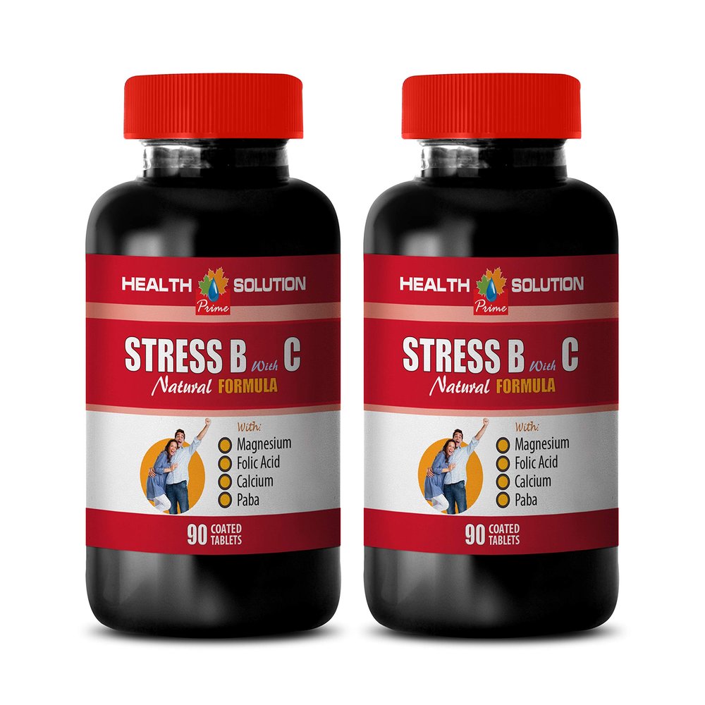 mood up stress down pills - STRESS B WITH C NATURAL FORMULA, with Magnesium, Folic Acid, Calcium, Biotin - valerian root extract capsules, stress relief supplement, paba supplement 2 Bottles 180 Tabs
