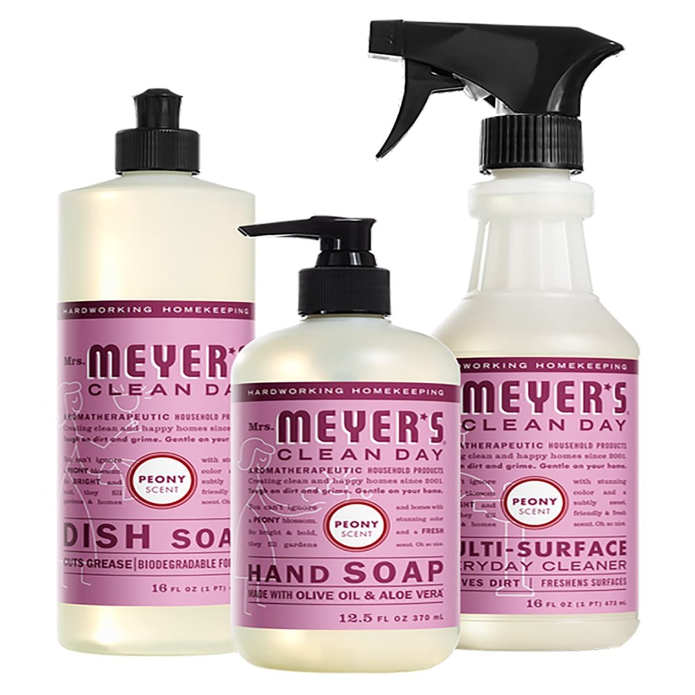 Mrs. MEYER'S Kitchen Set, Dish Soap, Hand Soap, and Multi-Surface Cleaner, 3 CT (Peony)