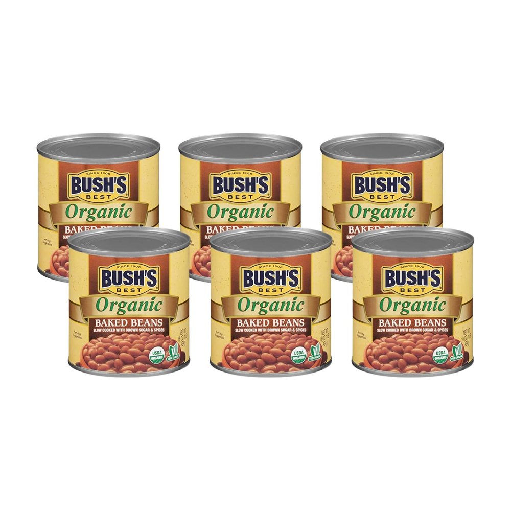Bush's Best Organic Baked Beans, 16 Ounce Can - Canned Beans, Baked Beans Canned, Source of Plant Based Protein and Fiber, Low Fat, Gluten Free (Pack of 6)
