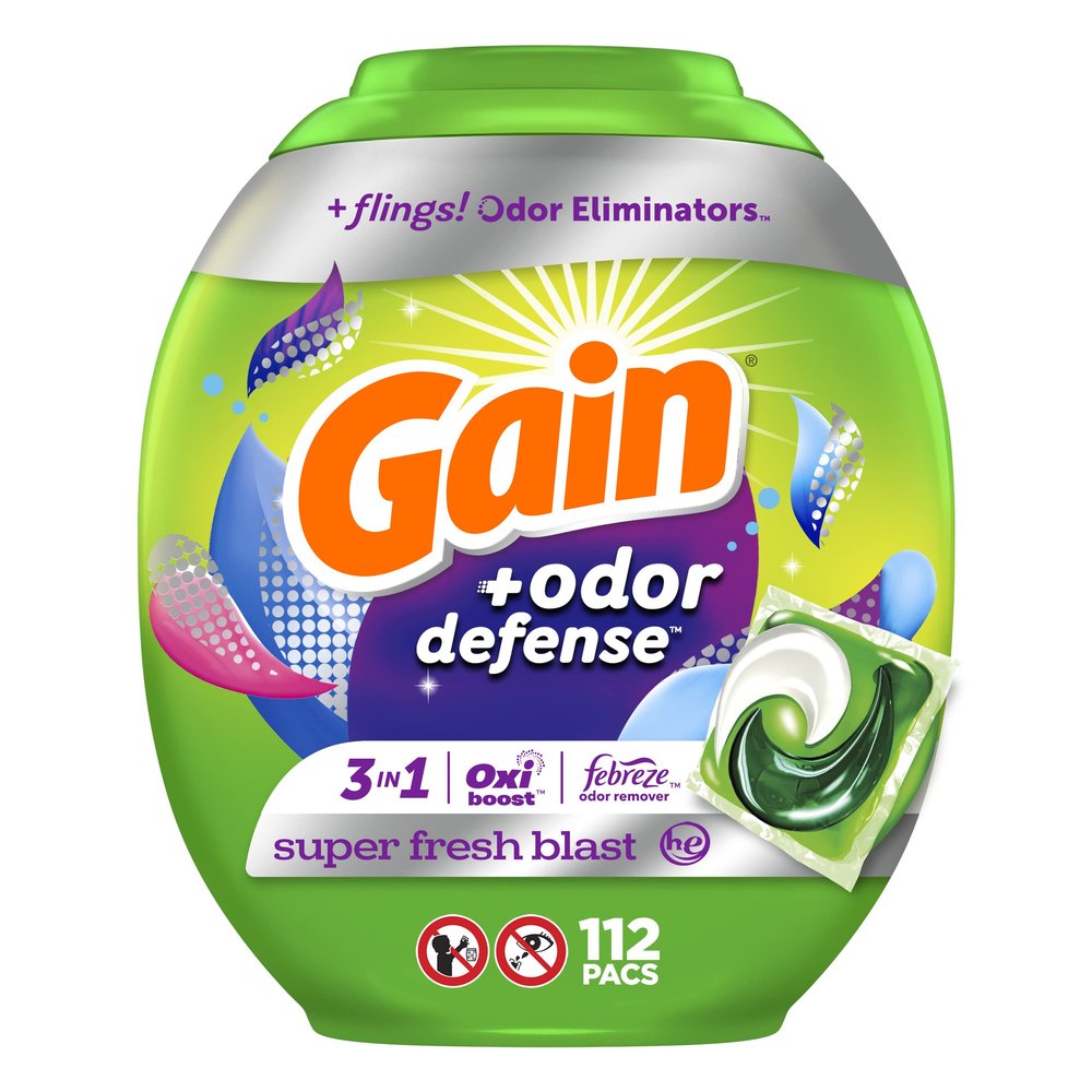 Gain Flings Laundry Detergent Pacs with Odor Defense, 112 Count, Super Fresh Blast Scent, HE 3in1 with Febreze and Oxi