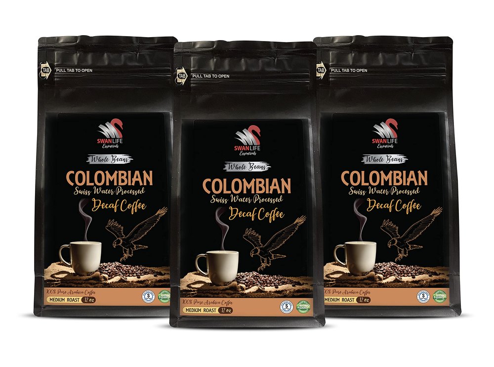colombian coffee beans - DECAF COLOMBIAN WHOLE BEANS COFFEE - Medium Roast, 100% Pure Arabica, non gmo, swiss water processed - unique coffee from colombia, by SWAN LIFE ESSENTIALS - 3 Bags (36 Oz)