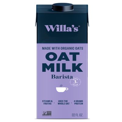 Willa's Organic Barista Oat Milk  50% Less Sugar, Non-GMO, Shelf Stable, Non-Dairy, Whole Grain Oats, No Oil, No Gums  Barista Blend Unsweetened Oatmilk and Creamer, 32 oz, Pack of 1