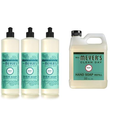 Mrs. Meyer's Liquid Dish Soap, Biodegradable Formula, Limited Edition Mint, 16 fl. oz - Pack of 3 & Mrs. Meyer's Hand Soap Refill, Made with Essential Oils, Biodegradable Formula, Basil, 33 fl. oz