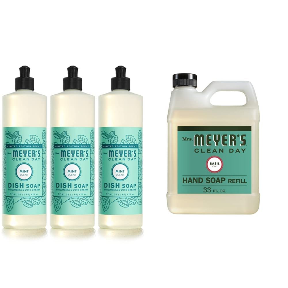 Mrs. Meyer's Liquid Dish Soap, Biodegradable Formula, Limited Edition Mint, 16 fl. oz - Pack of 3 & Mrs. Meyer's Hand Soap Refill, Made with Essential Oils, Biodegradable Formula, Basil, 33 fl. oz