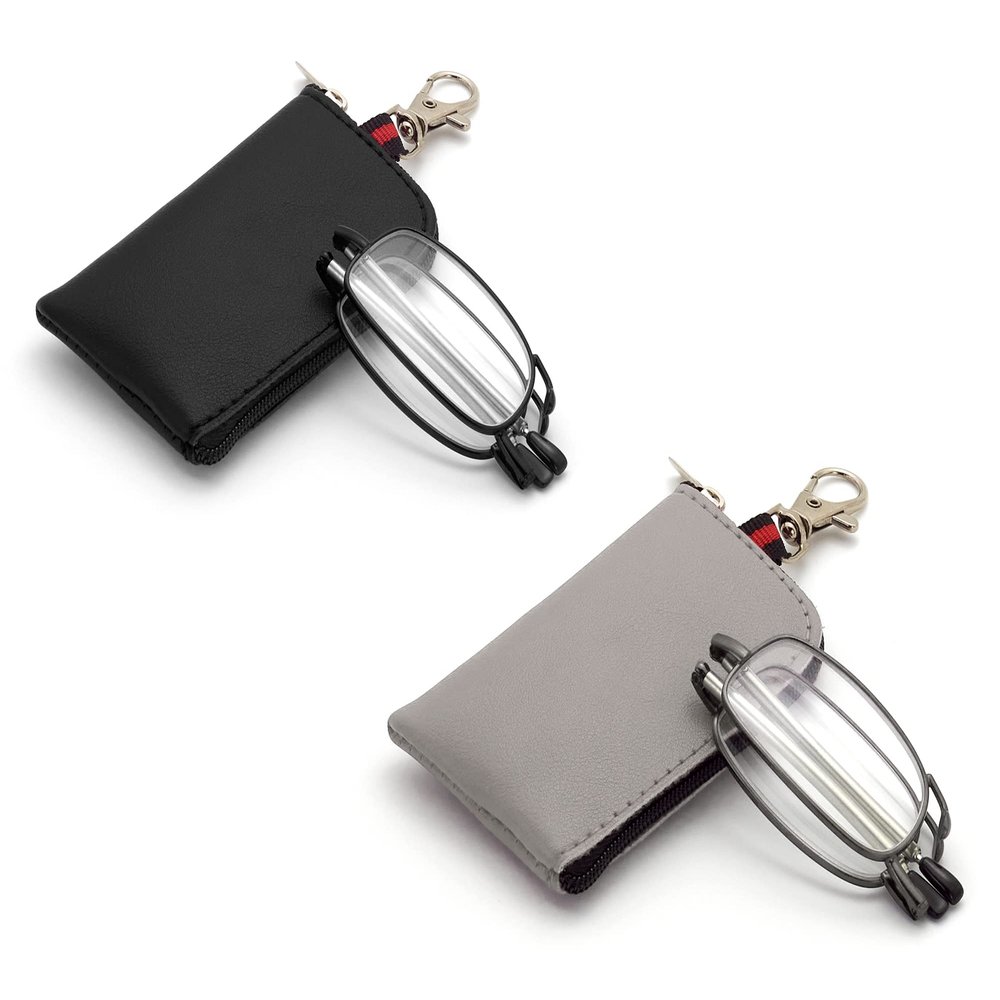 Autojouls Folding Reading Glasses, Key Chain Bag Readers Compact Easy Carry Readers Glasses (2-Pack, Black Gunmetal 3.0 x)