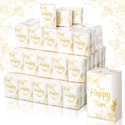 Spiareal 100 Pcs Happy Tears Tissues for Wedding Bulk 3 Ply for Your Happy Tears Wedding Tissues for Guests Pocket Paper 3000 Sheet Mini Travel Size for Bridal Shower Party Favor (Gold Flowers)