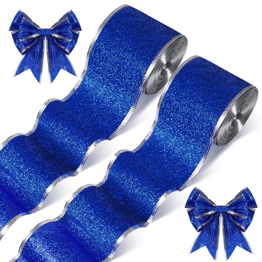 2 Rolls 20 Yards Christmas Wired Blue Glitter Ribbon Metallic Wired Ribbon Craft Gift Wrapping for DIY Xmas Party Bows Decorations Supplies(2.5 Inches,Blue)