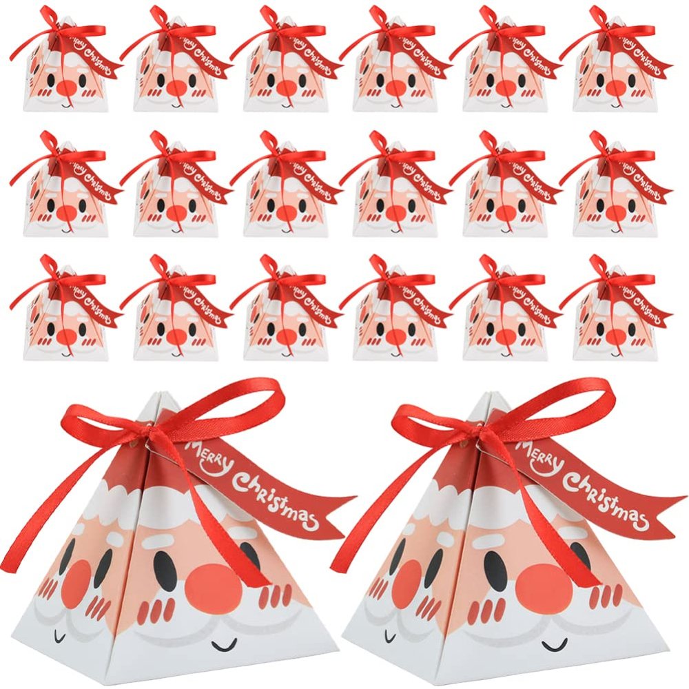 Toyvian 50Pcs Christmas Candy Boxes Triangle Candy Bags Xmas Santa Claus Box Present Packaging Paper Bags Christmas Treat with Ribbon Triangle for Party