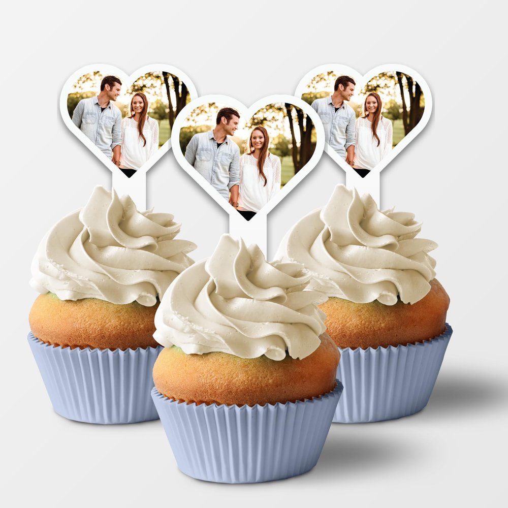 100 Pack of Custom Photo Cupcake Toppers, Plastic Personalized Cupcake Picks 2x4 Inches, Upload 1 Photo, American Made (Heart Shape)