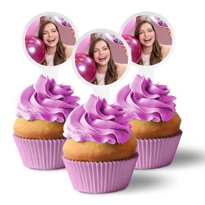 100 Pack of Custom Photo Cupcake Toppers, Plastic Personalized Cupcake Picks 2x4 Inches, Upload 1 Photo, American Made (Circle Shape)